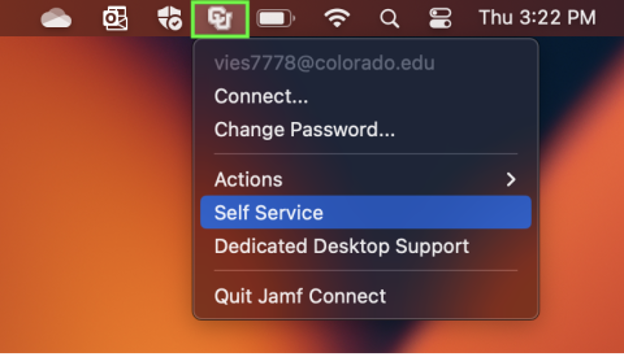 Screenshot of CU logo in top toolbar selected and Self Service being chosen